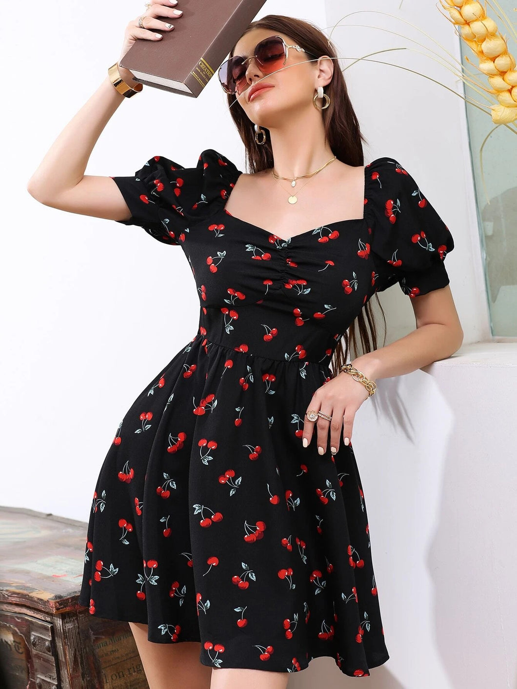 Cherry Printed black Dress