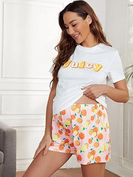Maternity Letter Graphic Top & Allover Orange Print Shorts PJ Set