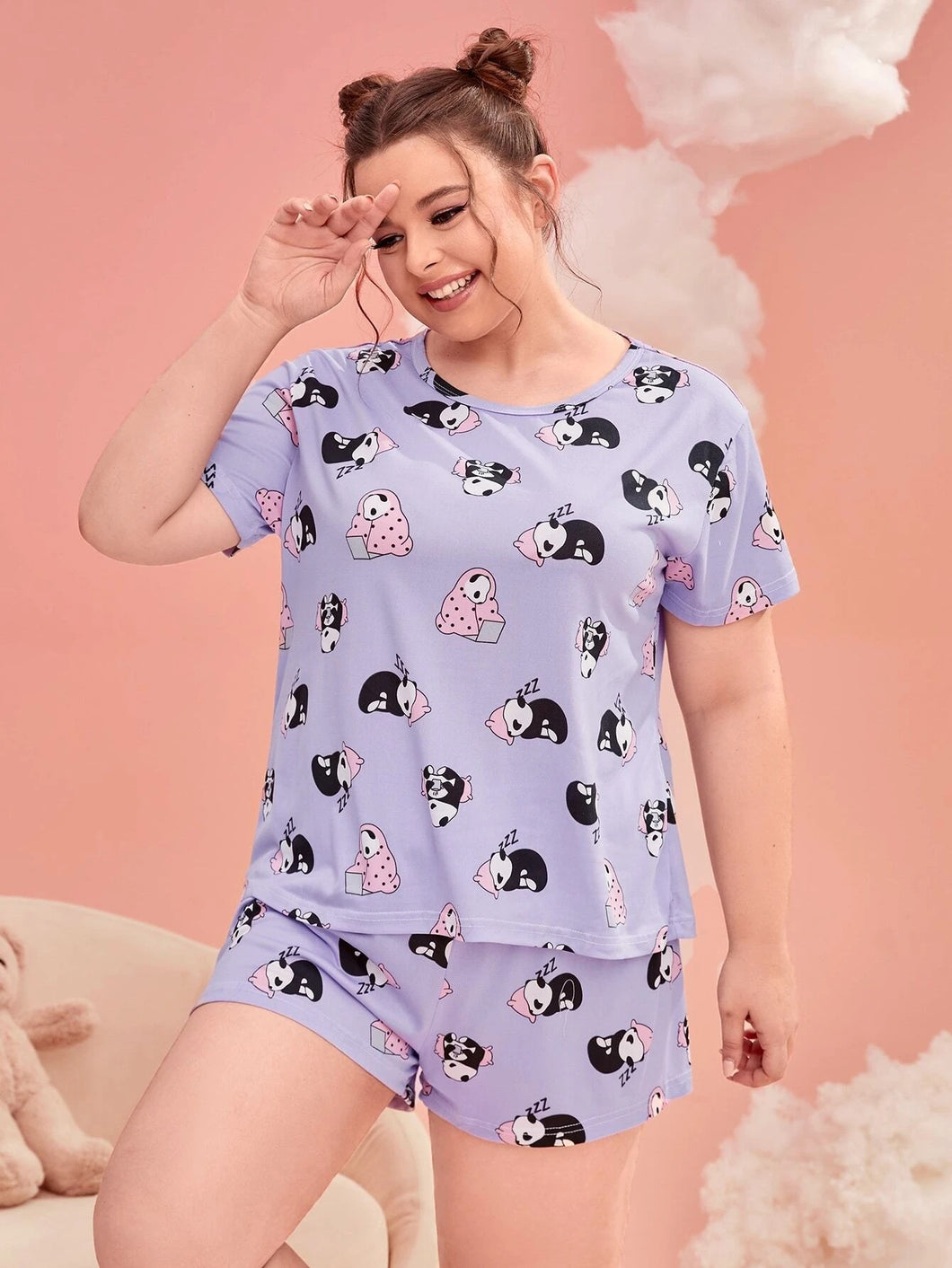 Panda And Letter Graphic PJ Set With Eye Mask