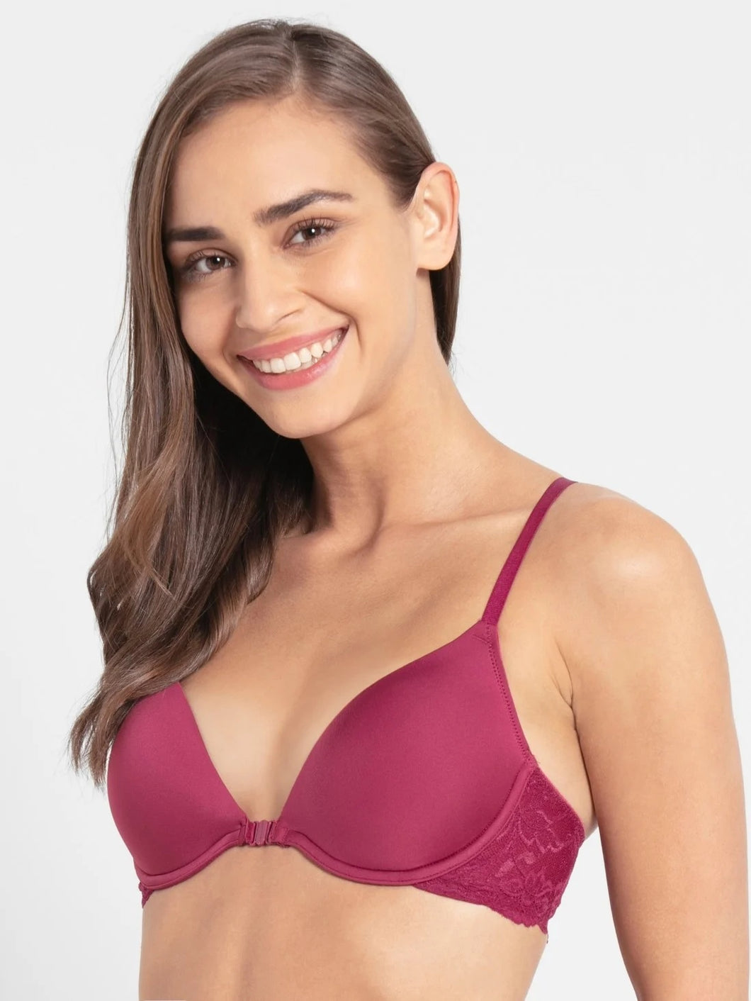 JOCKEY Front Open Underwired Padded T-Shirt Bra with Lace Back Styling - Pink Wine